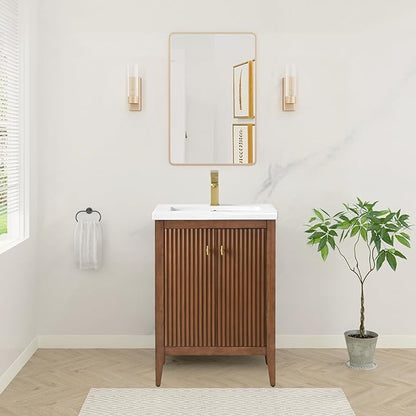 HOMEBEYOND 24" Bathroom Vanity with Ceramic Sink, Solid Wood Free-Standing Vanities Cabinet, Ceramic Top, Golden Brushed Handware & Soft Closing Door, Walnut
