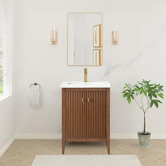 HOMEBEYOND 24" Bathroom Vanity with Ceramic Sink, Solid Wood Free-Standing Vanities Cabinet, Ceramic Top, Golden Brushed Handware & Soft Closing Door, Walnut