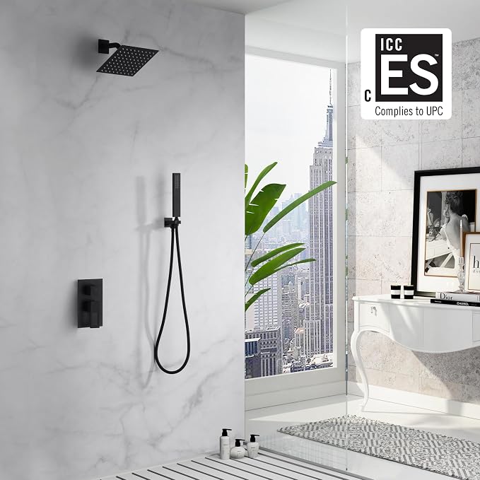 SUMERAIN Bathroom Matte Black Shower System Fixtures | 8" Stainless Steel High Pressure Rain Shower, Brass Rough-in Valve, Hand Shower, Concealed Box Design