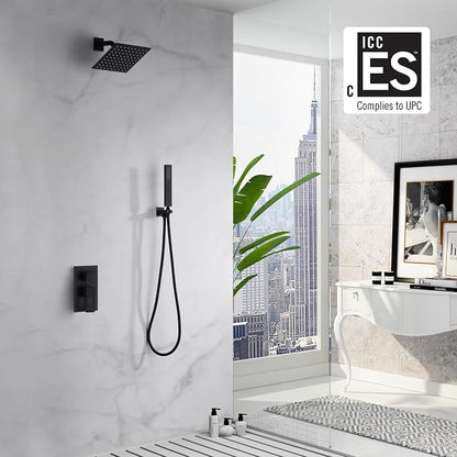 SUMERAIN Bathroom Matte Black Shower System Fixtures | 8" Stainless Steel High Pressure Rain Shower, Brass Rough-in Valve, Hand Shower, Concealed Box Design