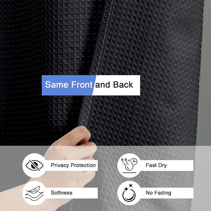 Extra Long Shower Curtain Set- 96 Inch Long Waffle Weave Heavy Duty Fabric Shower Curtains for Bathroom, Luxury Heavy Duty Thick Cloth Shower Curtain with 12 Plastic Hooks, 72x96, Black