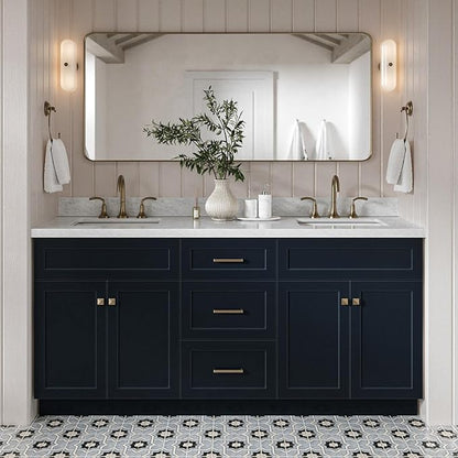 DKB Bradford 72 Inch Bathroom Vanity Double Sink — Midnight Blue Bathroom Vanity with Sink, 1.5" Edge Italian Carrara Marble Countertop & Backsplash, 4 Soft-Close Doors, and 3 Dovetail Drawers