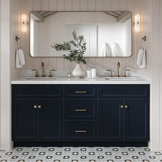 DKB Bradford 72 Inch Bathroom Vanity Double Sink — Midnight Blue Bathroom Vanity with Sink, 1.5" Edge Italian Carrara Marble Countertop & Backsplash, 4 Soft-Close Doors, and 3 Dovetail Drawers