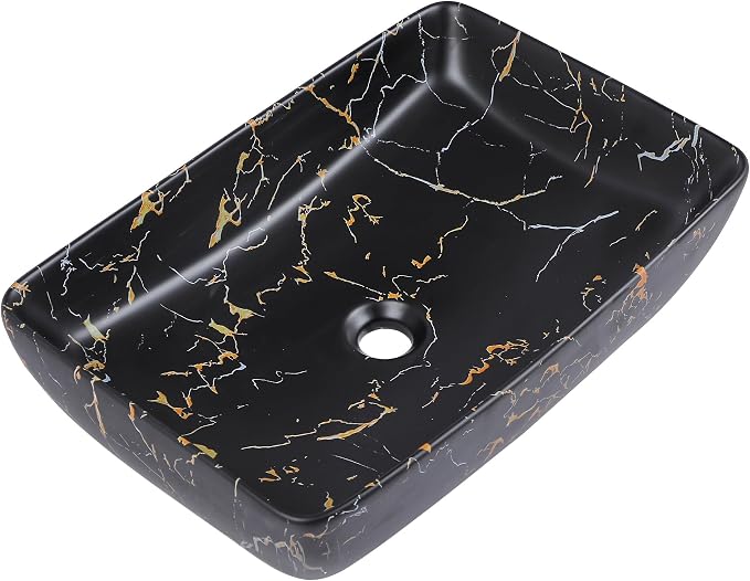 Logmey Rectangle Marble Black Vessel Sink | 23"x15" Ceramic Countertop Bathroom Sink Modern Black Yellow Marble Pattern Porcelain Vanity Sink Lavatory Art Basin