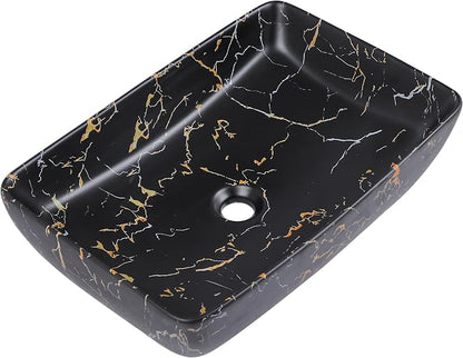 Logmey Rectangle Marble Black Vessel Sink | 23"x15" Ceramic Countertop Bathroom Sink Modern Black Yellow Marble Pattern Porcelain Vanity Sink Lavatory Art Basin