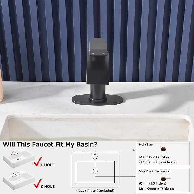 Black Waterfall Bathroom Faucet Single Hole, Matte Black Single Handle Bathroom Sink Faucet with Pop Up Drain and Supply Hose, Black Bathroom Faucet for Sink 1 Hole,SL5002BK
