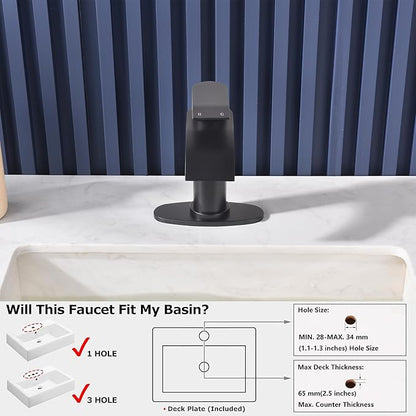Black Waterfall Bathroom Faucet Single Hole, Matte Black Single Handle Bathroom Sink Faucet with Pop Up Drain and Supply Hose, Black Bathroom Faucet for Sink 1 Hole,SL5002BK