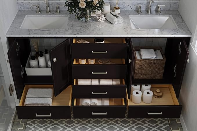 ARIEL Cambridge 66-inch Bathroom Vanity with Sink,Solid Wood, 0.75-inch Italian Carrara Marble Countertop, Double Rectangular Porcelain Sink, 4 Soft Closing Doors, 6 Dovetail Drawers, Espresso