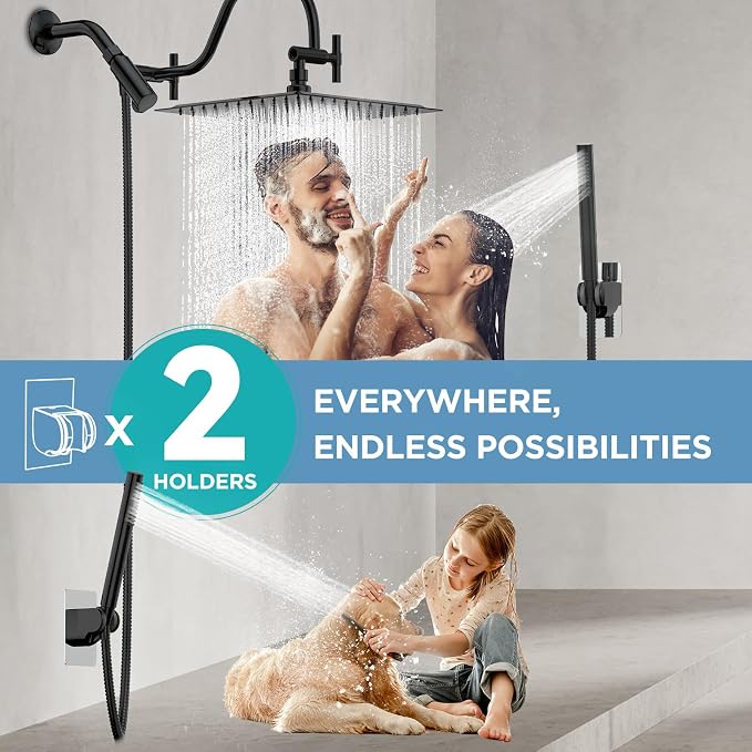 MakeFit All Metal Shower Head Combo with Handheld, 10" Square Rainfall Shower Head with Curved Extension Arm, Adjustable Dual Shower Heads with 71" Extra Long Hose, Matte Black