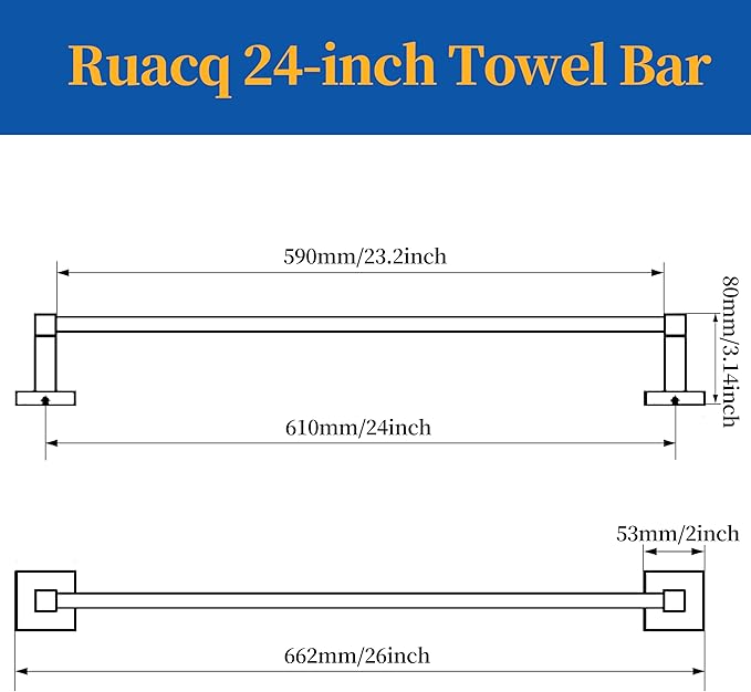 RUACQ Gold Towel Bar 24 inch, 304 Stainless Steel Towel Racks for Bathroom Wall Mounted, Heavy Duty Bath Towel Rod with Square Base(Brushed Gold)