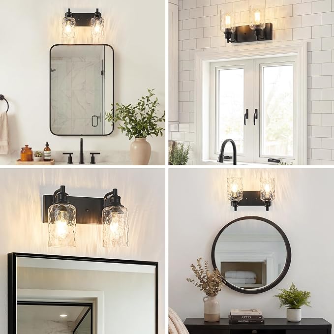 Bathroom Light Fixtures Over Mirror, 2 Lights Vanity Lights with Hammered Glass Shade, 12.7" Matte Black Farmhouse Bathroom Light Fixtures for Bedroom, Porch, Hotel, Mirror Cabinet