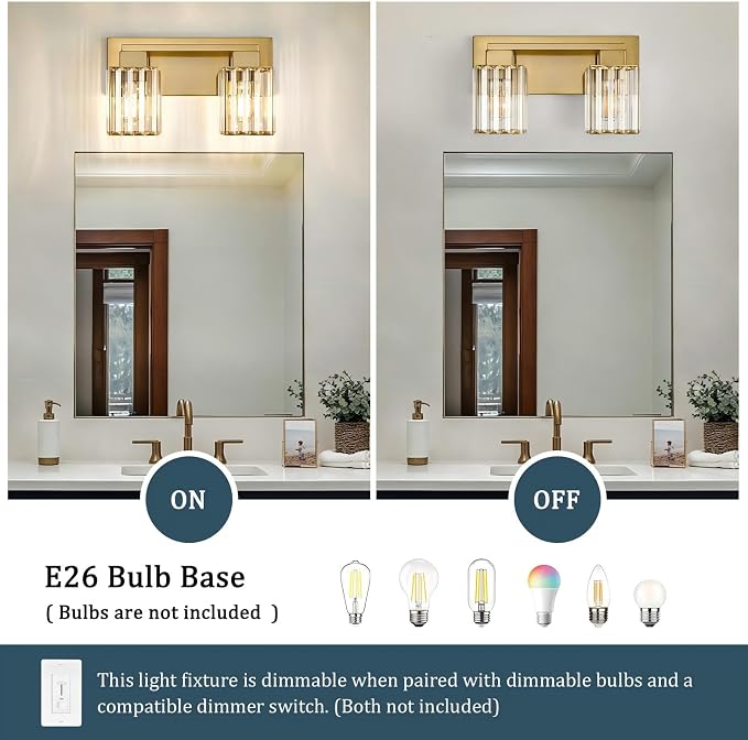 Brushed Gold Bathroom Light Fixtures, 2-Light Vanity Light Over Mirror | Wall Sconces with Square Crystal Shades, E26 Socket, Modern Vanity Lights for Bathroom (Bulbs Not Included)
