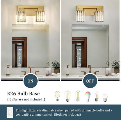 Brushed Gold Bathroom Light Fixtures, 2-Light Vanity Light Over Mirror | Wall Sconces with Square Crystal Shades, E26 Socket, Modern Vanity Lights for Bathroom (Bulbs Not Included)