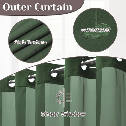 SORTTO No Hook Slub Shower Curtain with Liner, 71x74, Dark Green | Snap in Liner, 3 in 1, Bamboo Texture, Hotel Style, Waterproof Fabric, Mesh Top Window, Corner Magnets, Machine Washable