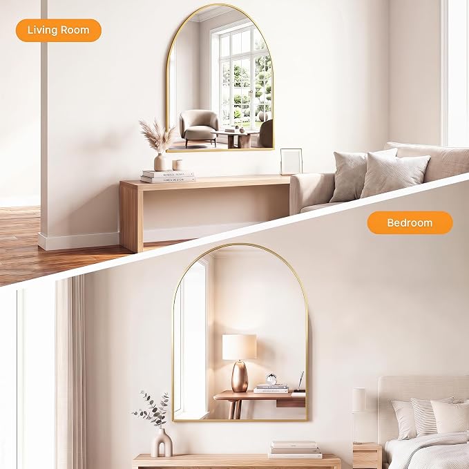 Sweetcrispy 30"x40" Arched Bathroom Mirror, Bathroom Mirrors for Over Sink | Modern Wall Mirrors Arch Decorative for Entryway, Bedroom, Vanity,Horizontal or Vertical Hanging, Gold