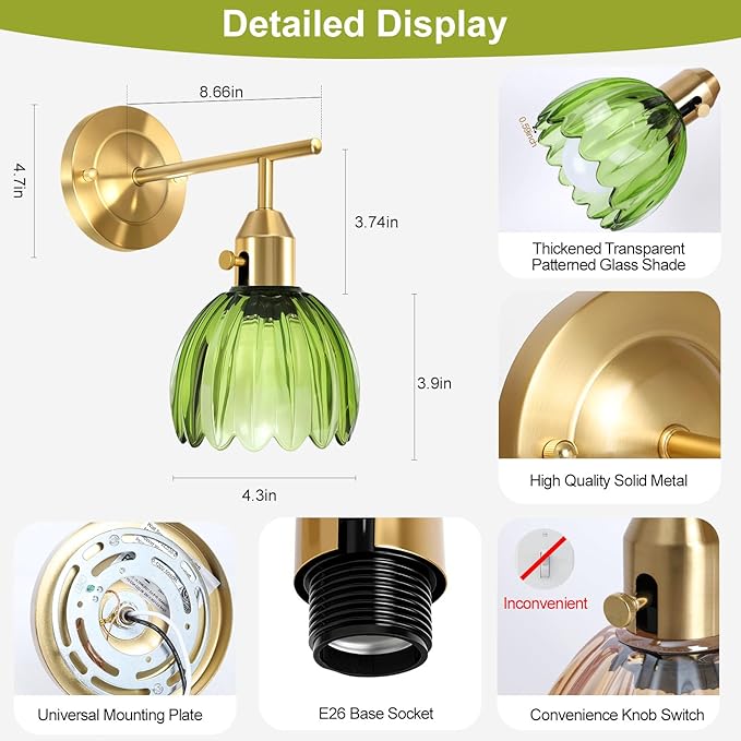 Vintage Wall Sconces Set of 2 with Green Tulip Glass Lampshade, Hardwired and Wireless Wall Mounted Light Fixtures (2 Usage Methods), Gold Lamp with Switch for Bedside Bedroom Living Room Wall Decor