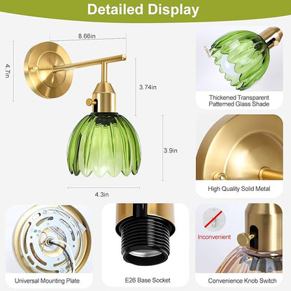 Vintage Wall Sconces Set of 2 with Green Tulip Glass Lampshade, Hardwired and Wireless Wall Mounted Light Fixtures (2 Usage Methods), Gold Lamp with Switch for Bedside Bedroom Living Room Wall Decor