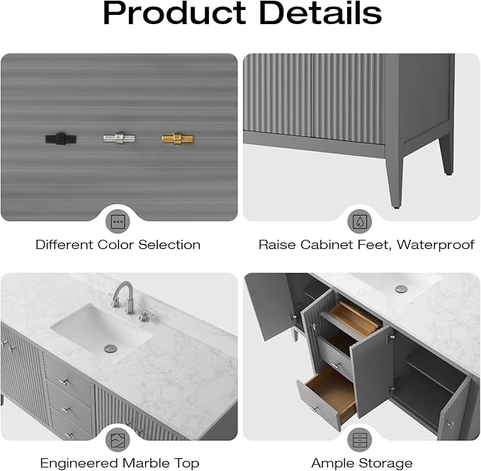 Vanity Art 60 inch Bathroom Vanity with Single Sink & Ceramic Top, Vanity Cabinet with Soft-Closing Door, Solid Wood Frame, Linear Pattern, Cashmere Gray, Golden Brushed Handware VA9160-SG-GB