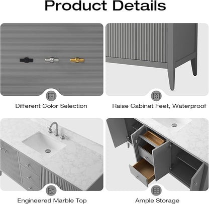 Vanity Art 60 inch Bathroom Vanity with Single Sink & Ceramic Top, Vanity Cabinet with Soft-Closing Door, Solid Wood Frame, Linear Pattern, Cashmere Gray, Golden Brushed Handware VA9160-SG-GB