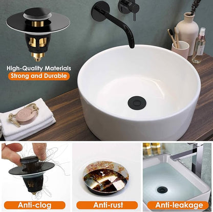Universal Bathroom Sink Stopper, Basin Pop-up Bathroom Sink Drain Strainer, Bathroom Drain Stopper with Stainless Steel Hair Catcher for 1.1-1.5 Inch Drain(1 PCS, Black)