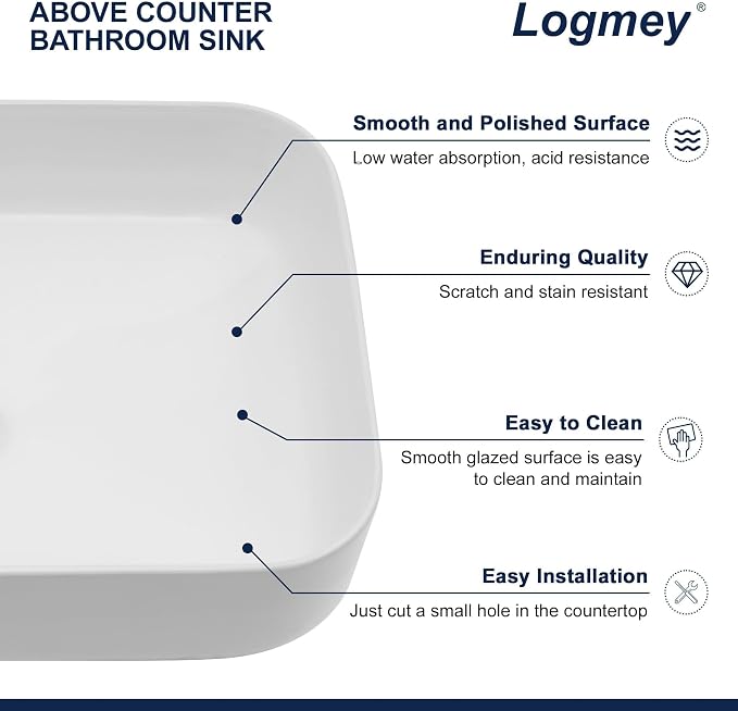 Logmey 19 Inch Bathroom Sink 19x15 Bathrooom Sinks White Vessel Sink Porcelain Ceramic Modern Rectangular Countertop Vanity Sink Art Basin