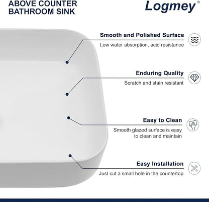 Logmey 19 Inch Bathroom Sink 19x15 Bathrooom Sinks White Vessel Sink Porcelain Ceramic Modern Rectangular Countertop Vanity Sink Art Basin
