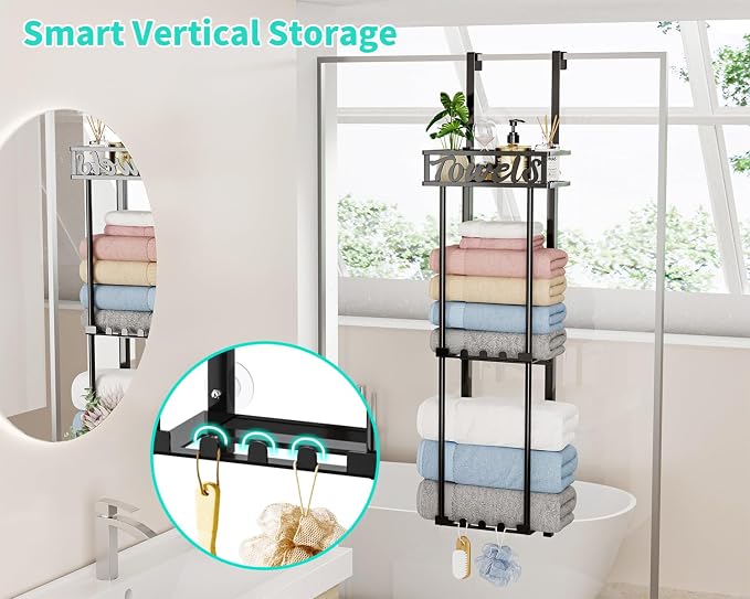 HapiRm Towel Rack Bathroom Storage - 3 Tier Over The Door & Wall Mounted Rolled Towel Racks Holder Organizer with Metal Shelf and 6 Hooks for Small Bathroom, Camper, Rv - Black (for 1.77 in Doors)