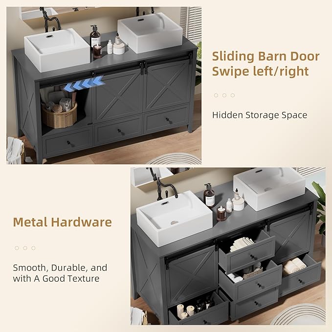 VNN Bathroom Vanity with Sink - 60 Inch Bathroom Vanity Double Sink Ceramic, Freestanding Cabinet with 2 Farmhouse Sliding Barn Doors and 5 Drawers, Space-Saving Storage Cabinet, Grey