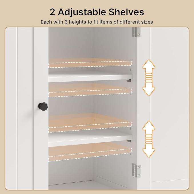 Gizoon 40" H Bathroom Storage Cabinet with 2 Adjustable Shelves, White | Freestanding Organizer with 2 Doors, Floor Pantry Cabinet for Dining Room, Kitchen, Living Room, Hallway