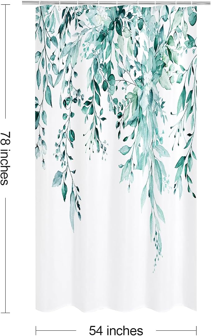 Teal Eucalyptus Shower Curtain, Watercolor Floral Print, 54x78 | Watercolor Plant Leaves Floral Print, Stall Waterproof Fabric Bathroom Decor, Machine Washable, Rustproof Grommets