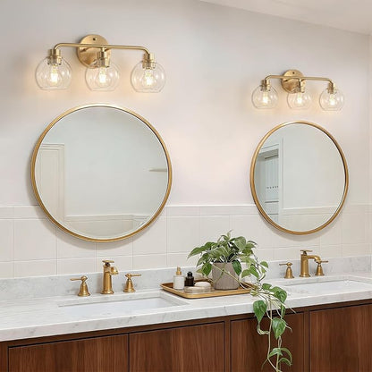 Bathroom Light Fixtures Gold Vanity Light 3 Light Brushed Brass | Wall Sconces Lighting with Clear Globe Glass Shades Bath Wall Lamp for Mirror Kitchen Living Room Bedroom Hallway
