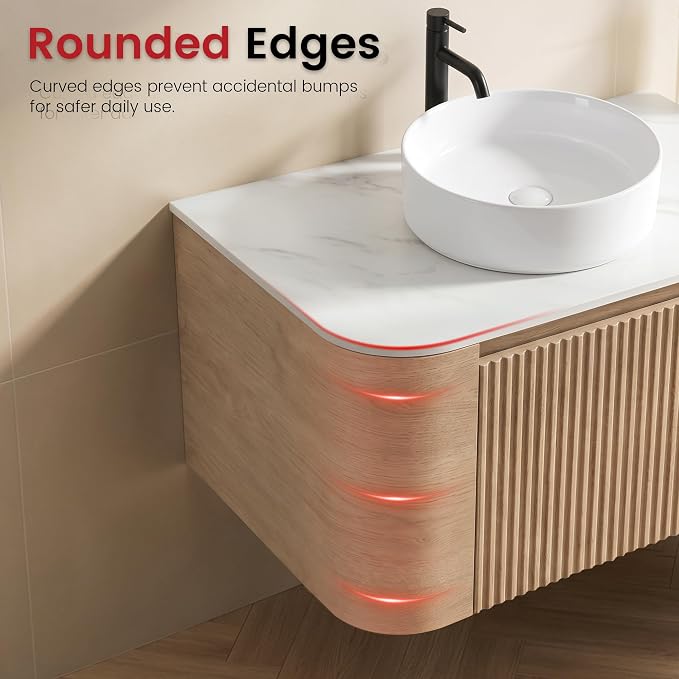 48" Floating Bathroom Vanity with Sink, Rounded Edges, Honey Oak | Pre-Assembled Fluted Wall Mounted Vanity with White Ceramic Vessel Sink and Countertop, Soft-Close Drawer & Towel Rack