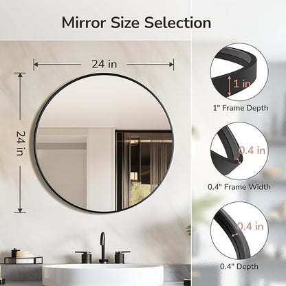 USHOWER 2- Pack Bathroom Mirrors for Over Sink, 24 Inch Circle Mirror with Metal Frame, Black Wall Mirror Modern Decoration for Vanity, Entryway, Living Room, Hallway and Bedroom