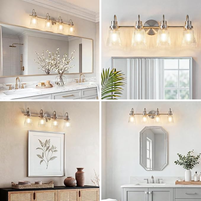 4-Light Bathroom Light Fixtures 25.7 Inch Brushed Nickel Vanity Lights for Bathroom Lighting Fixtures Over Mirror with Clear Striped Glass Shade for Mirror Bedroom Hallway