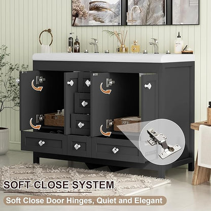 48" Bathroom Vanities with Sink Combo, Modern Double Bathroom Vanity with 4 Doors & 5 Drawers, Freestanding White Bathroom Cabinet with Double Ceramic Sink, Black