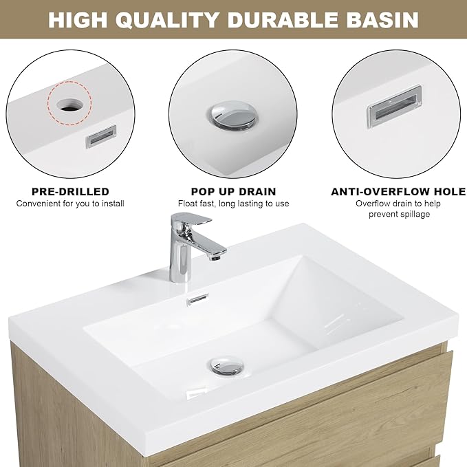 Floating Vanity Bathroom, 30 Inch Bathroom Vanity with Sink, Wall Mounted Single Sink Bathroom Vanity, Soft Closed 2 Drawers, Integrated Sink (Natural Oak)
