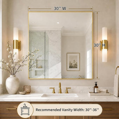 30"x30" Brushed Gold Framed Square Bathroom Vanity Wall Mirror | Accent Wall Mirror, Square Geometric Look, Slim Metal Frame, Living Room or Entryway, Keyhole Mount, Tempered Glass