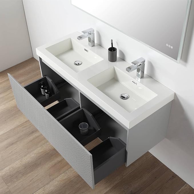 Blossom 48 inch Bathroom Vanity with Sink, Wall Mounted Floating Bathroom Vanity Cabinet with Double Acrylic Sink, All Wood Bathroom Storage Cabinet with Soft Close Drawers, Light Grey Finish