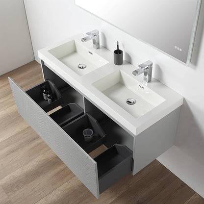 Blossom 48 inch Bathroom Vanity with Sink, Wall Mounted Floating Bathroom Vanity Cabinet with Double Acrylic Sink, All Wood Bathroom Storage Cabinet with Soft Close Drawers, Light Grey Finish