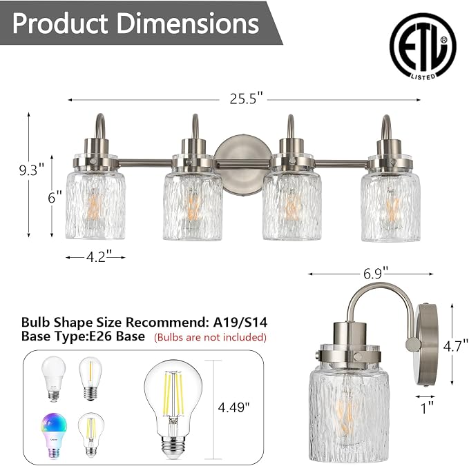 4 Lights Bathroom Vanity Light, Brushed Nickel Bathroom Light Fixtures with Hammered Glass Lampshade for Dressing Table,Over Mirror,Hallway