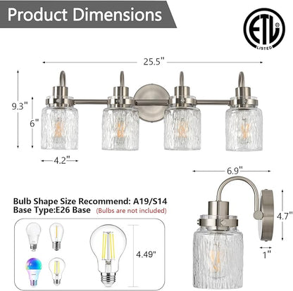 4 Lights Bathroom Vanity Light, Brushed Nickel Bathroom Light Fixtures with Hammered Glass Lampshade for Dressing Table,Over Mirror,Hallway