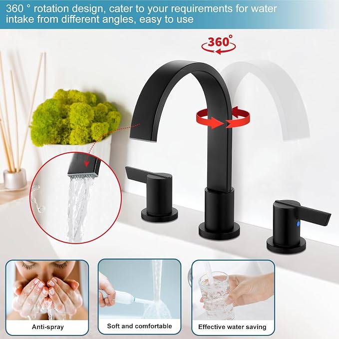 Midanya 8 Inch Widespread Bathroom Sink Faucet 3 Hole,Matte Black | Waterfall Swivel Spout,2 Handle,SUS304,with Pop Up Drain,cUPC 24" Water Hose,for 6-16” hole distance vanity,RV,Farmhouse Sink
