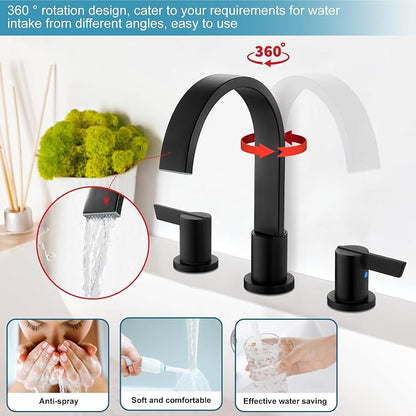 Midanya 8 Inch Widespread Bathroom Sink Faucet 3 Hole,Matte Black | Waterfall Swivel Spout,2 Handle,SUS304,with Pop Up Drain,cUPC 24" Water Hose,for 6-16” hole distance vanity,RV,Farmhouse Sink