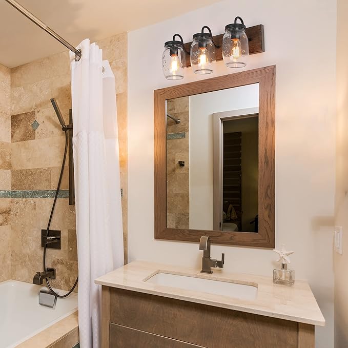 LNC Bathroom Vanity Fixtures Farmhouse Mason Jar Lights with Faux Wood Finish, L18 x H8 x W9.5, Brown