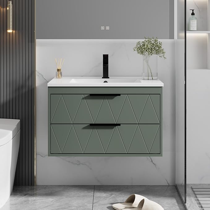 eclife 30" Bathroom Vanities Cabinet with Sink Combo, Wall Mounted Floating Cabinet W/Decor Line, Soft-Close System, 2 Extra Big Drawers, Matte Black Faucet, Gray Green