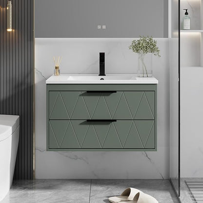 eclife 30" Bathroom Vanities Cabinet with Sink Combo, Wall Mounted Floating Cabinet W/Decor Line, Soft-Close System, 2 Extra Big Drawers, Matte Black Faucet, Gray Green