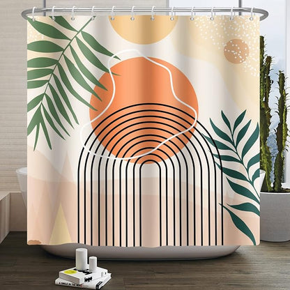 Boho Abstract Mid Century Shower Curtain Set - Geometric Leaves Neutral Modern - Green Plant Eucalyptus - Arch Sun Bathroom Curtain - 72x72 Inch