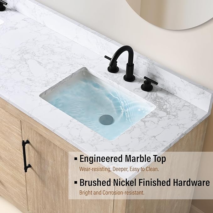 Vanity Art 72 inch Double Sink Bathroom Vanity, Vanity Cabinet with Doors and Shelf, Modern Wood Bathroom Vanity with White Marble Top, Solid Wood Frame, 3 Functioning Drawers,VA70-72-DLW-E