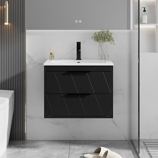 eclife 24" Bathroom Vanities Cabinet with Sink Combo, Wall Mounted Floating Cabinet W/Decor Line, Soft-Close System, 2 Extra Big Drawers, Matte Black Faucet, Black