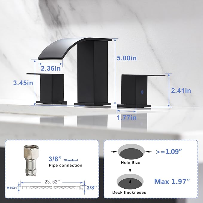 Black Waterfall Bathroom Faucet 3 Holes - 8Inch Widespread Bathroom Sink Faucet | Two Handles Modern Vanity Sink Faucets with Overflow Pop-up Drain & Supply Lines Matte Black Upgraded
